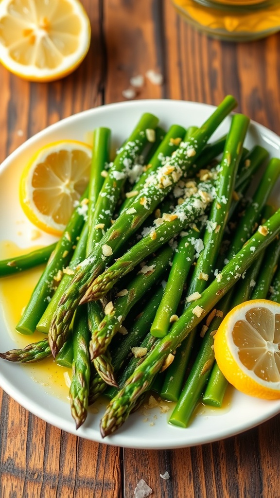 A plate of sautéed asparagus with garlic and lemon zest, garnished with Parmesan cheese, on a rustic table.